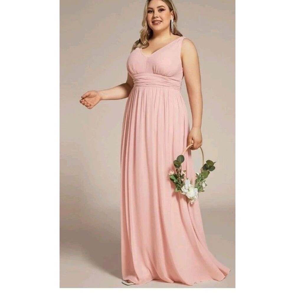 EVER PRETTY Sleeveless V Neck Semi-Formal Evening  Dress Gown Sz 2X Pastel Pink